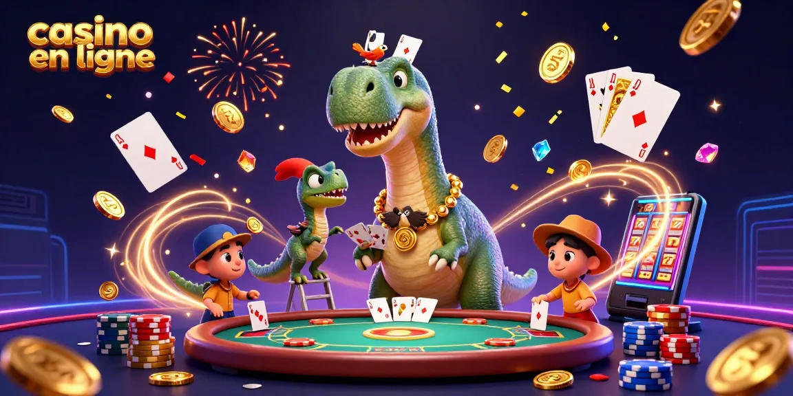 Gagnez aux jeux de casino en ligne avec une scène ludique comprenant un brontosaure et un velociraptor.