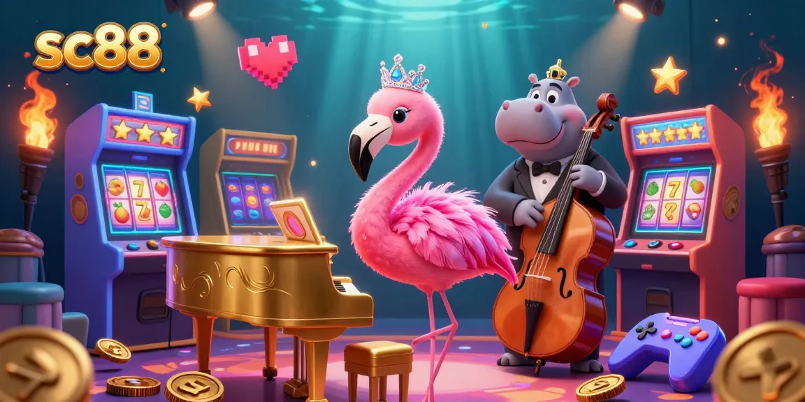 Engage with the dynamic world of sc88 showcasing a lively casino scene with flamingo singer and hippo bassist.