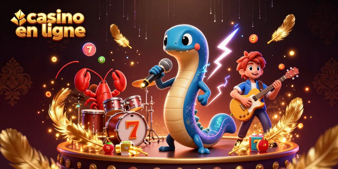 Illustration 3D casino en ligne avec une anguille DJ, un batteur homard et un guitariste hippocampe.
