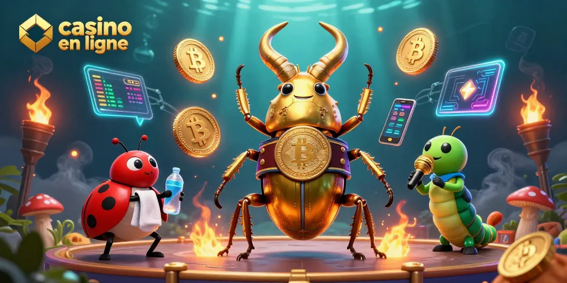Animation captivante illustrant le casino en ligne avec un scarabée champion et des pièces de crypto-monnaie.