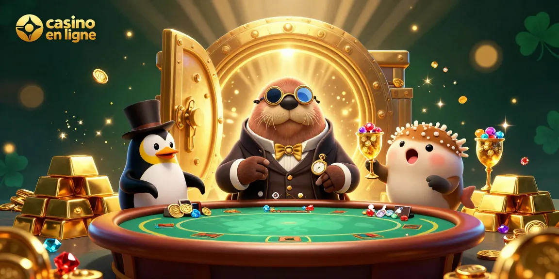 Casino en ligne : le morse jolly et ses amis jouent aux cartes au fond de l'océan, entourés de trésors.