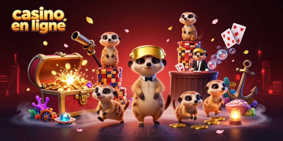 Casino en ligne : des suricates gèrent un casino coloré en pleine action, entourés de trésors sous-marins.