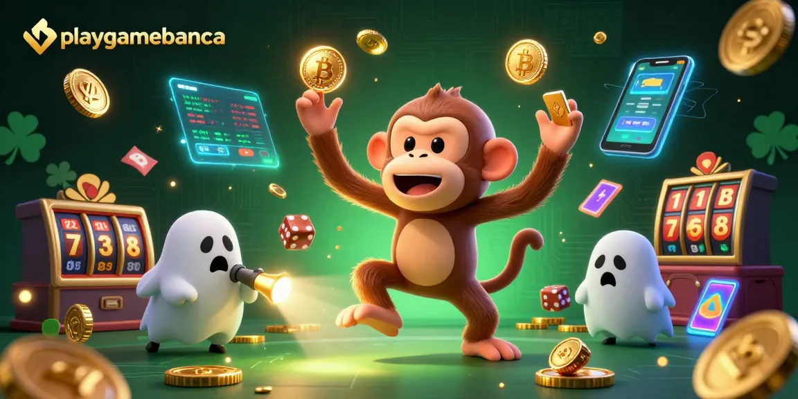 Experience the excitement of playgamebanca as a mischievous monkey juggles golden casino tokens in a haunted setting