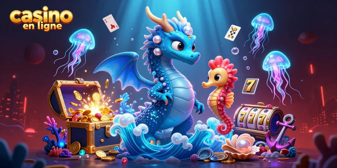 Visuel captivant illustrant un dragon d'eau majestueux, jouant aux jeux de casino en ligne avec des créatures sous-marines rayonnantes.
