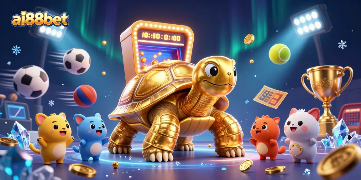 Play exciting games with ai88bet's colossal golden tortoise casino illustration packed with vibrant excitement.