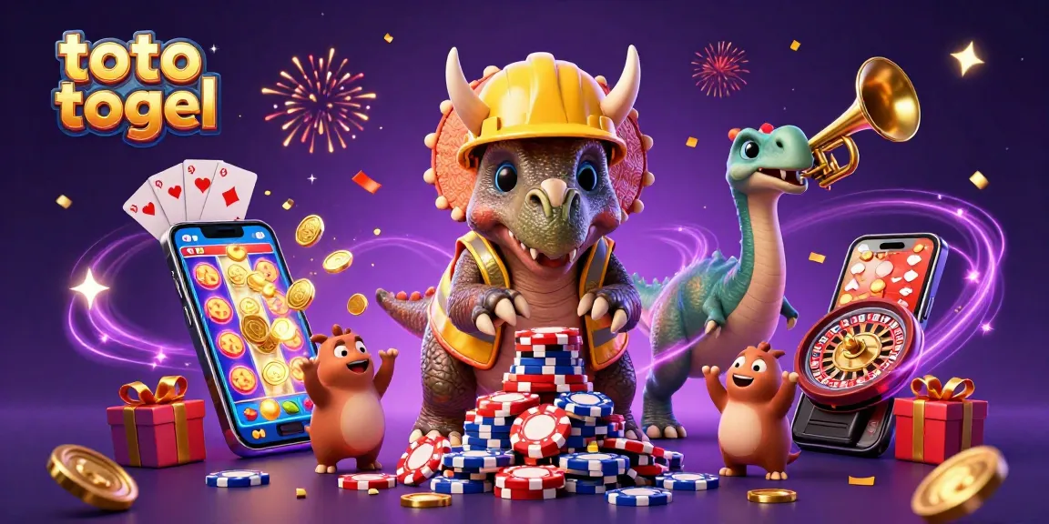 Toto togel menunjukkan triceratops dan parasaurolophus merayakan dengan chip poker di latar belakang penuh menghibur.