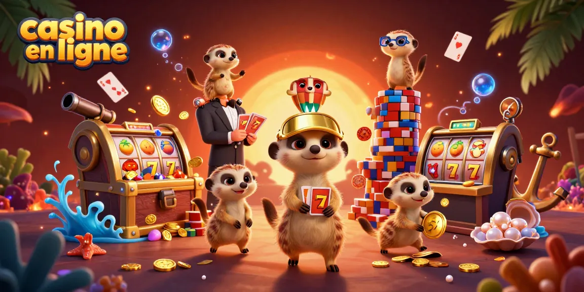 Les meerkats gèrent leur casino en ligne, entourés de pièces d'or et de symboles de chance.