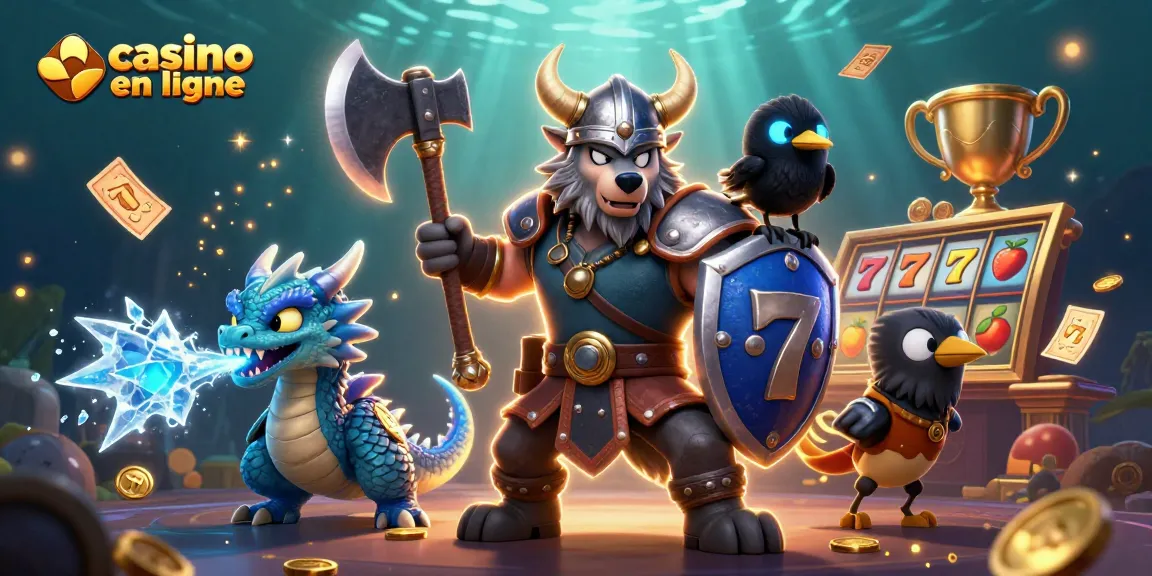 Illustration 3D captivante représentant un casino en ligne avec un guerrier loup Viking et un dragon.