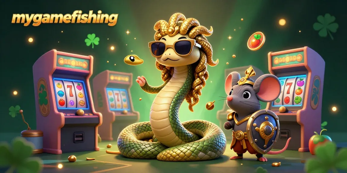 Spin the reels with mygamefishing in this vibrant arcade-casino adventure illustration.