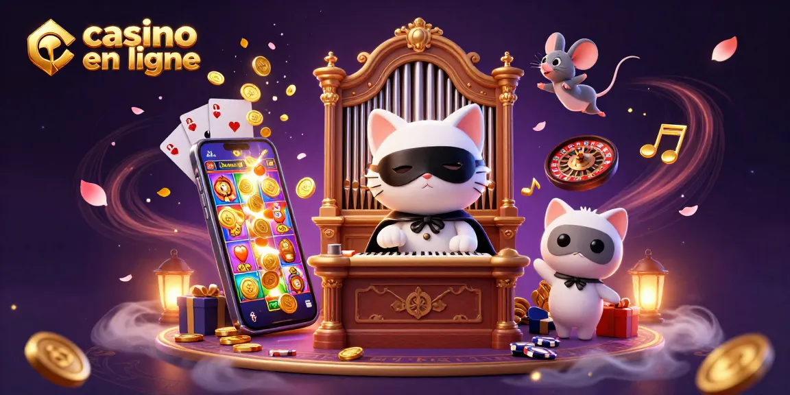 Un chat masqué joue du pipeau dans un casino en ligne animé avec des pièces d'or et des cartes.
