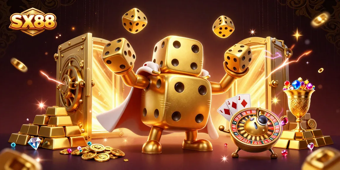 SX88 captivating scene with a golden dice golem character juggling smaller dice amidst treasure, representing a vibrant casino atmosphere.