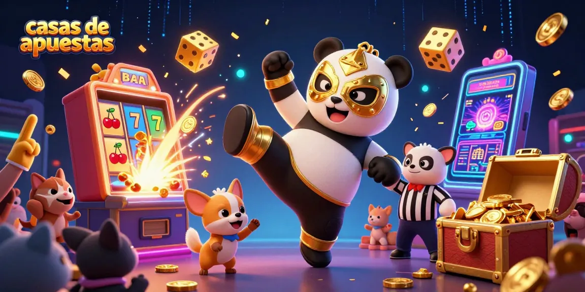 Casas de apuestas emocionantes con panda luchador volando y espectáculo de slots.