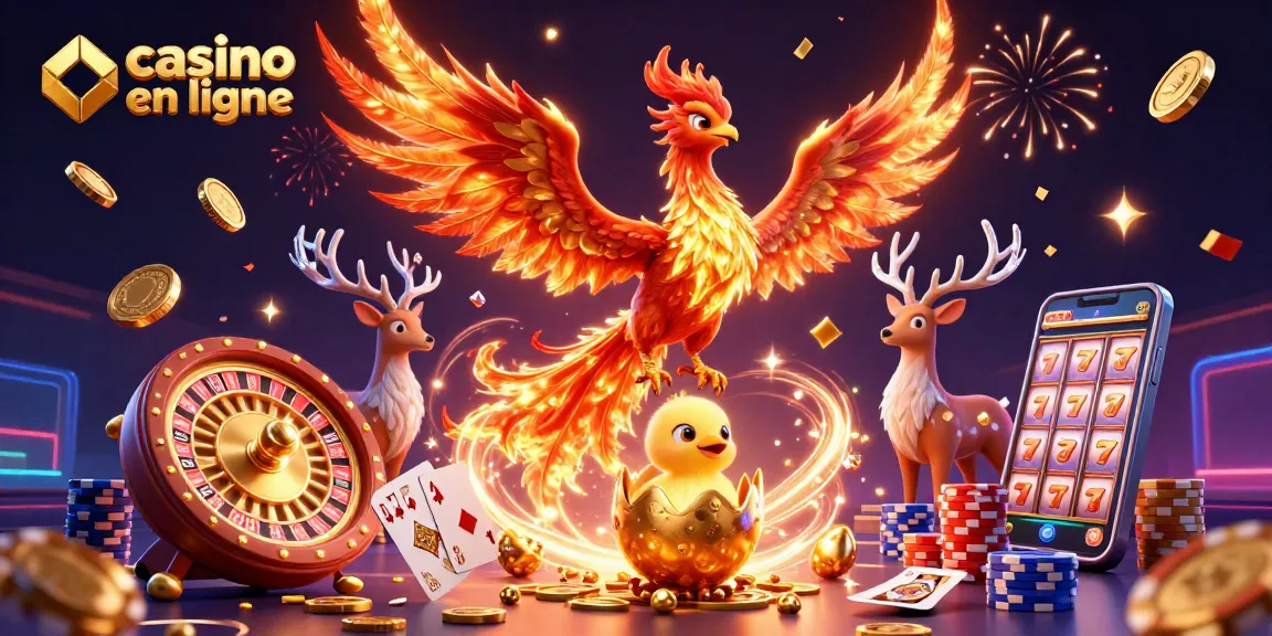 Jouer au casino en ligne avec un phénix flamboyant, des pièces d'or et des cartes de poker.