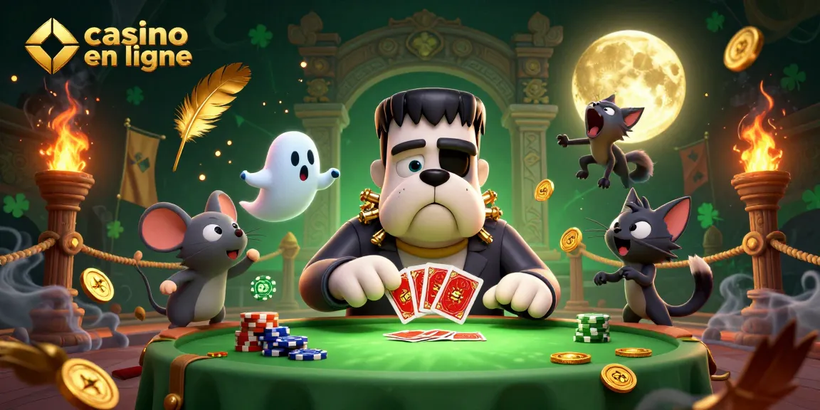 Le chien Frankenstein croupier au casino en ligne crée une atmosphère captivante avec des jetons et des fantômes.
