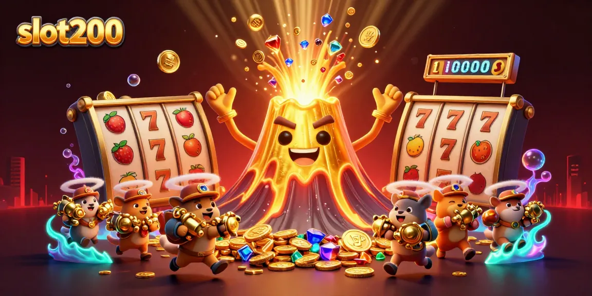 Slot200 tenggelam dalam harta karun dari vulkan emas yang mengeluarkan koin dan permata.