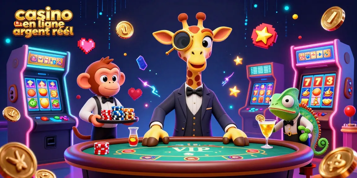 Illustration dynamique sur le thème du casino en ligne argent réel, mettant en avant un groupe de personnages colorés.