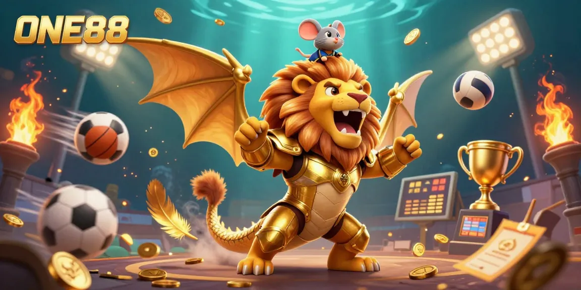 ONE88 players uncover treasures while celebrating wins with a golden chimera and sports elements.