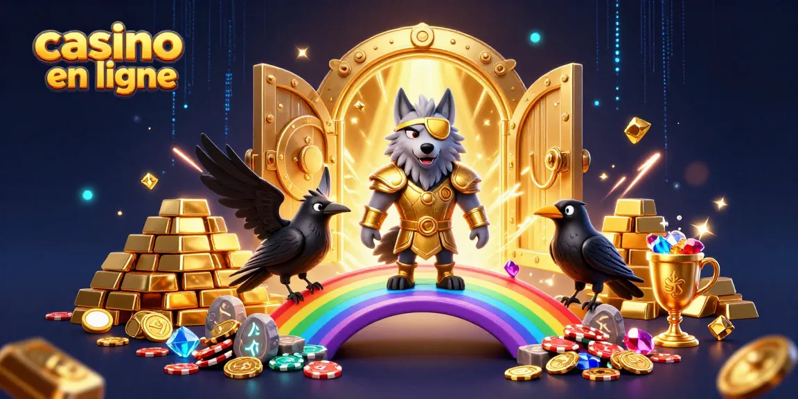 Illustration immersive de casino en ligne avec un loup Odin et des trésors scintillants.