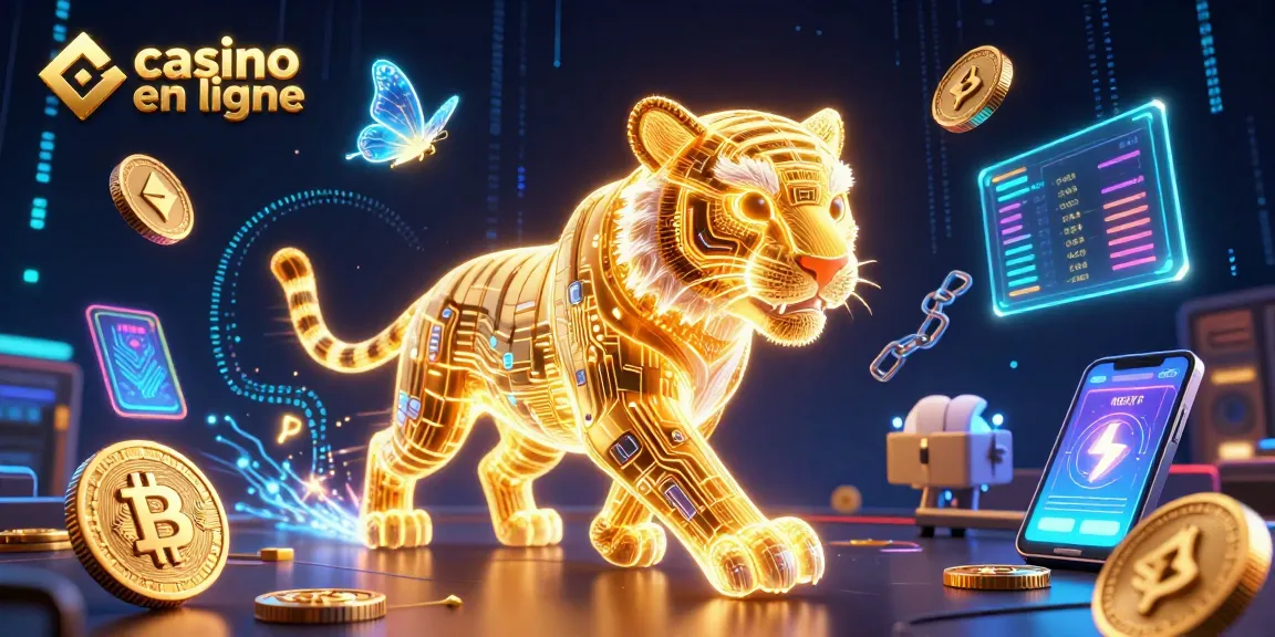 Interagissez avec des jeux sur casino en ligne grâce à un tigre doré et des éléments numériques.