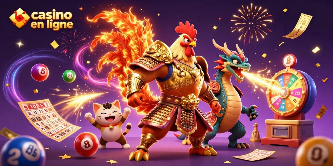 Pariez avec le casino en ligne sur cette scène festive de héros de jeu et de loterie.