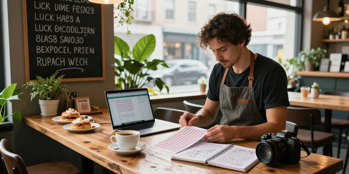Barista di kafe dengan analisis pola nomor rejeki menggunakan laptop dan catatan di meja kayu.