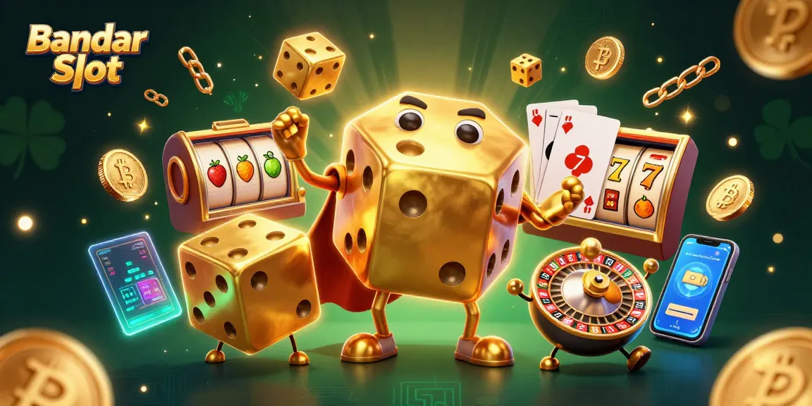 Engage in Bandar Slot action with a dynamic scene of a golden dice golem, jackpot symbols, and crypto elements.
