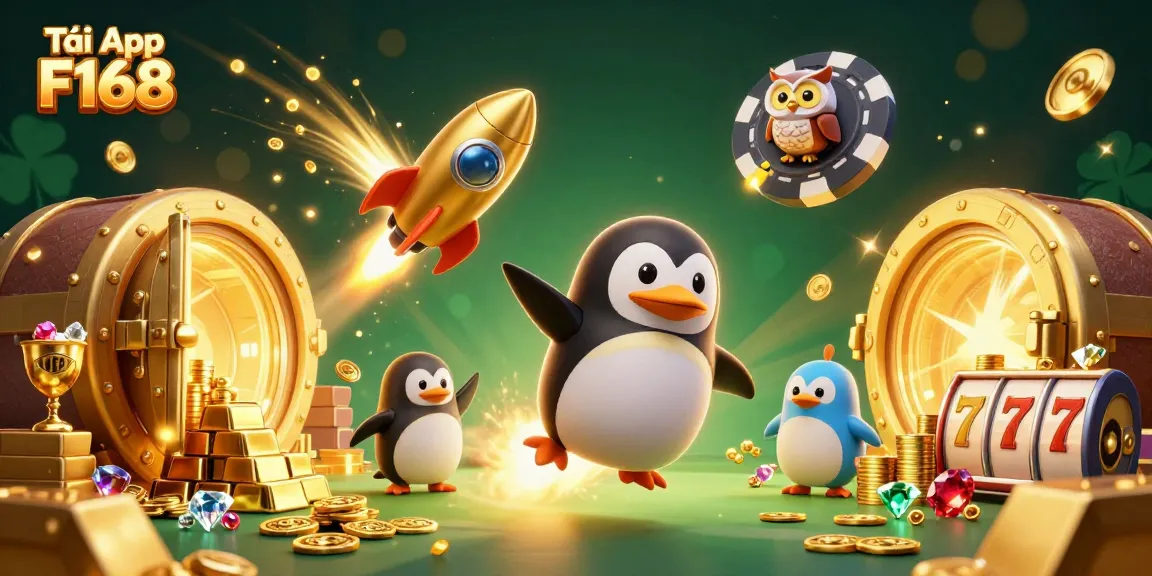 Experience Tải App F168 with a vibrant scene of a golden penguin racing towards a casino space station.