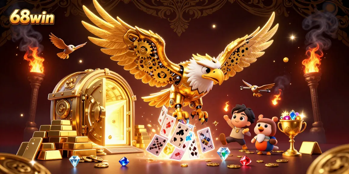 Experience thrilling wins with 68win through vibrant holographic cards amidst golden treasures.
