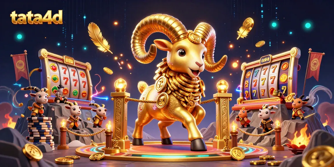 Tata4d showcases an engaging 3D scene of a golden ram charging through a vibrant casino setting filled with slots and tokens.