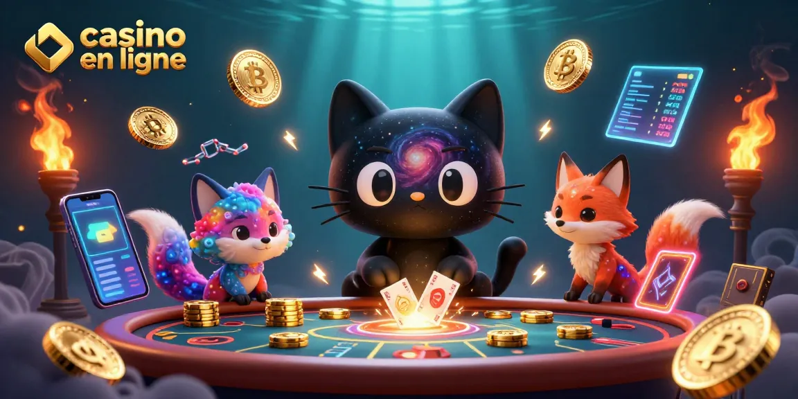 Casino en ligne : chat noir galactique jouant avec des jetons d'or et une renarde nébuleuse.