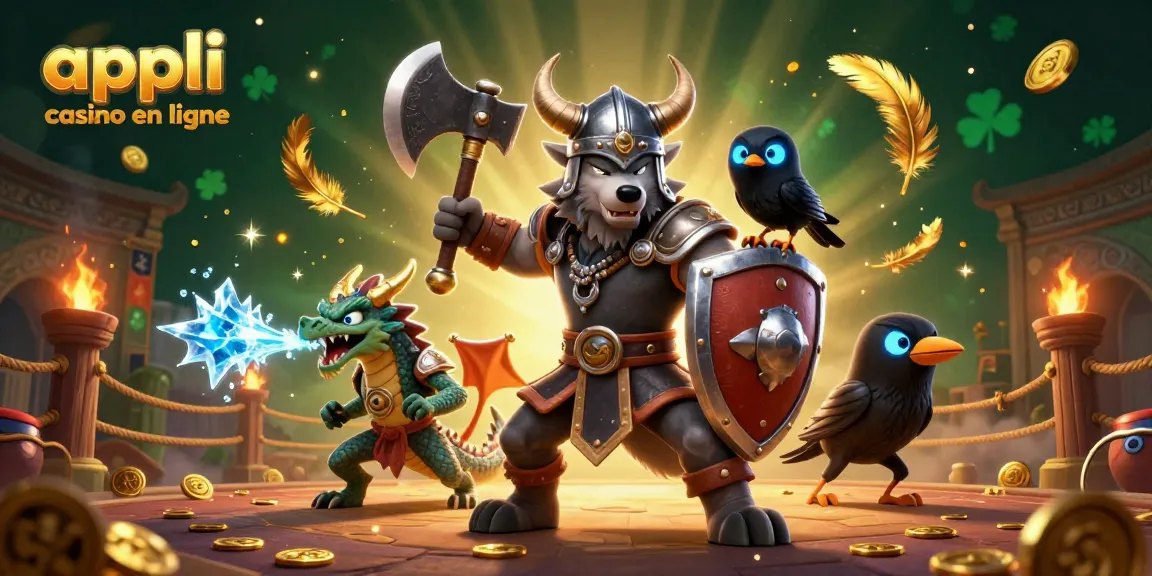 Capturez l'excitation de l'appli casino en ligne avec un guerrier viking, un dragon, et un corbeau.