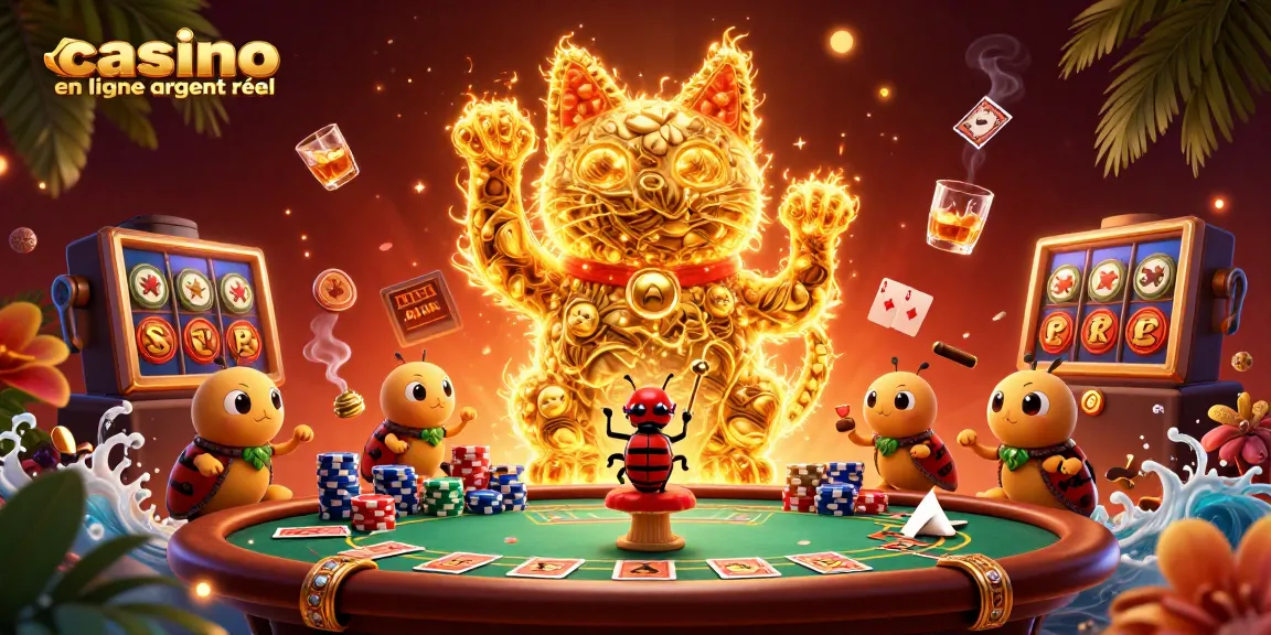 Jouer au casino en ligne argent réel avec un chat porte-bonheur animé entouré de jeux de poker et de machines à sous.