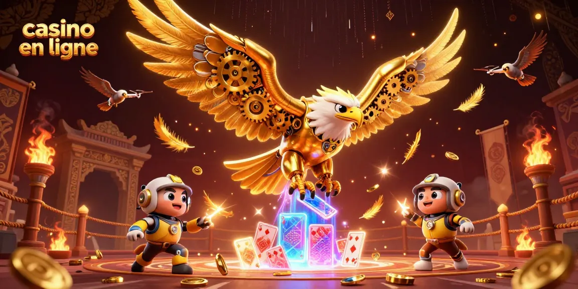 Jeux de casino en ligne illustrés avec un aigle cybernétique dans un monde d'éclats d'or.