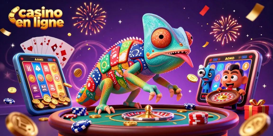 Le casino en ligne propose des jeux palpitants avec un caméléon géant qui attrape des pièces d'or.