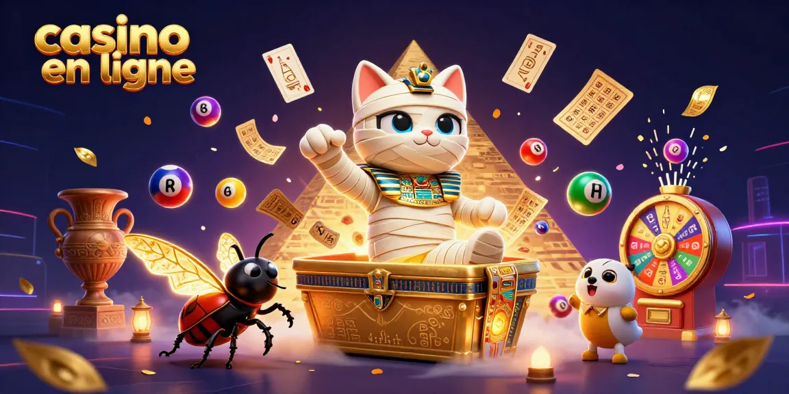 Visualisez le casino en ligne avec un chat momie égyptien et des jeux de loterie dynamiques.