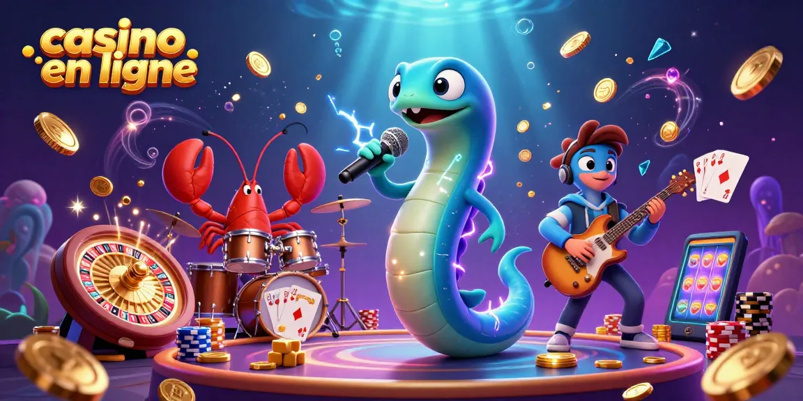 Vibrantes personnages de casino en ligne animés en scène sous-marine, avec pièce d'or et jeux de cartes.
