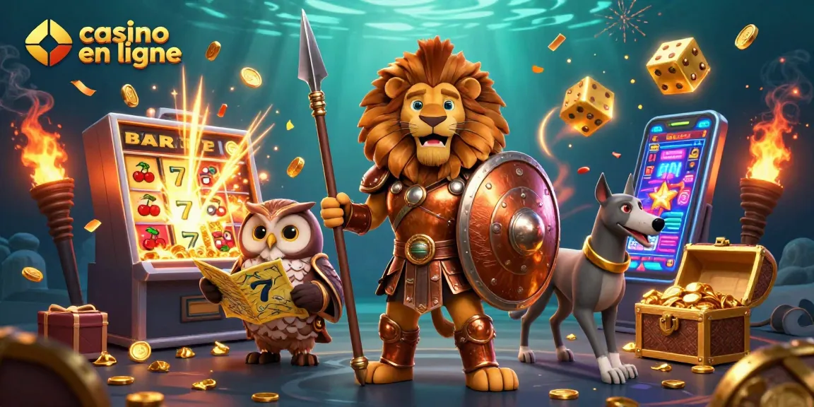 Profitez d'une scène animée avec le casino en ligne illustré par un lion Spartan et des éléments de jeu.