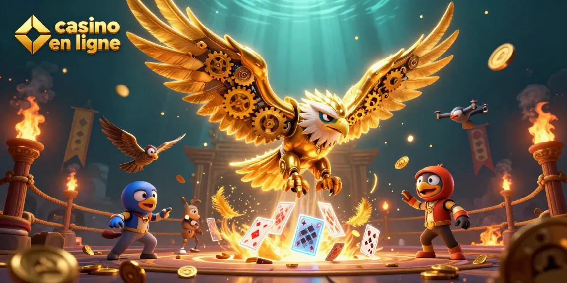 Plongez dans l'univers du casino en ligne avec cette illustration dynamique pleine de cartes holographiques et d'aigles cybernétiques.