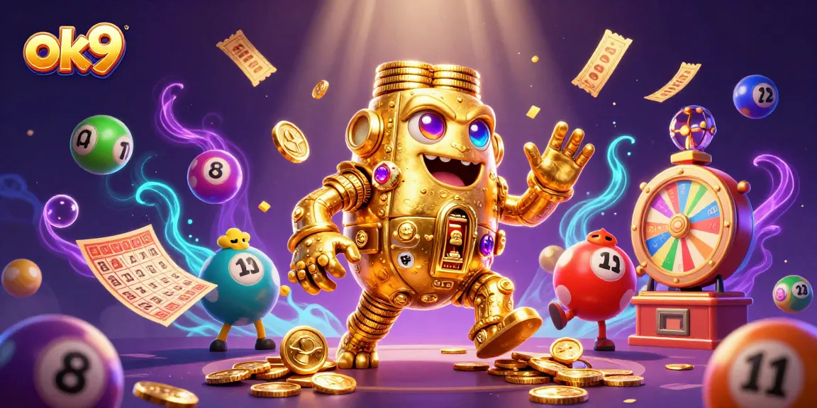 Engage with exciting bets at ok9, featuring a vibrant 3D golem and dynamic lottery elements.