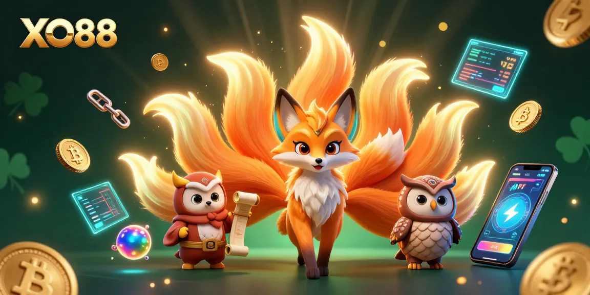Engage with the thrilling world of XO88 featuring a vibrant nine-tailed fox spirit and wise owl amidst a dynamic crypto setting.