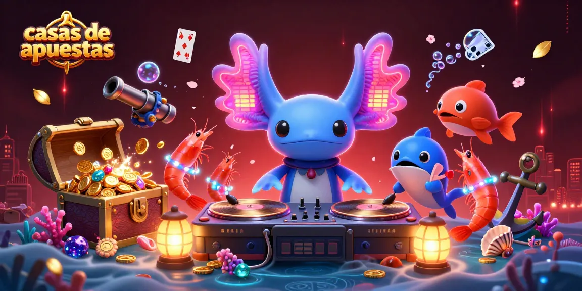 Ilustración 3D de un DJ axolote en un casino, rodeado de casas de apuestas y diversión.