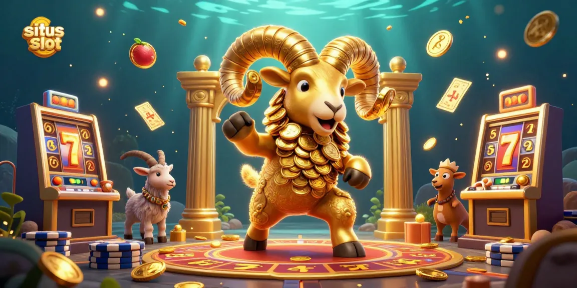 Situs slot showcases a vibrant casino scene with golden ram charging through various slot game symbols and trophies.