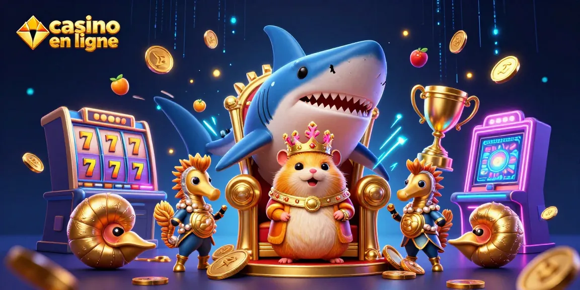 Illustration d'un roi hamster doré dans un trône de dent de requin, mettant en avant le casino en ligne.