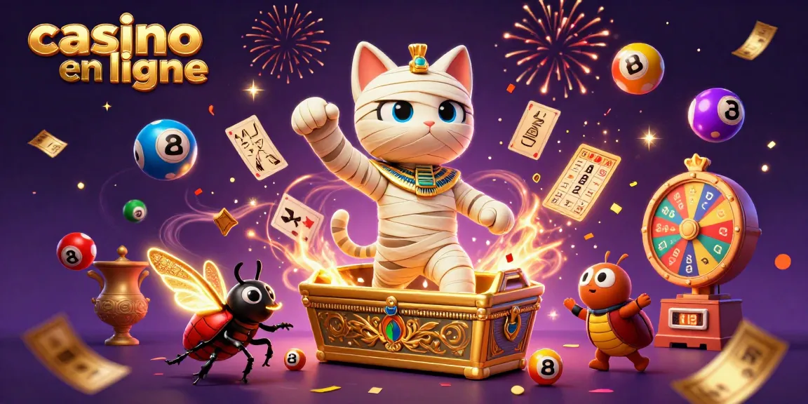 Les jeux de casino en ligne prennent vie avec un chat momie égyptien dans un cadre festif.