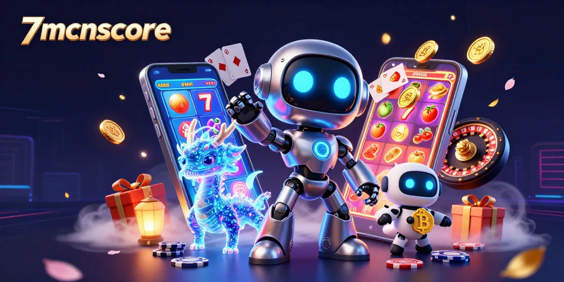 Engage with 7mcnscore as a dynamic cyberpunk gaming scene illustrates excitement of slot games and crypto.