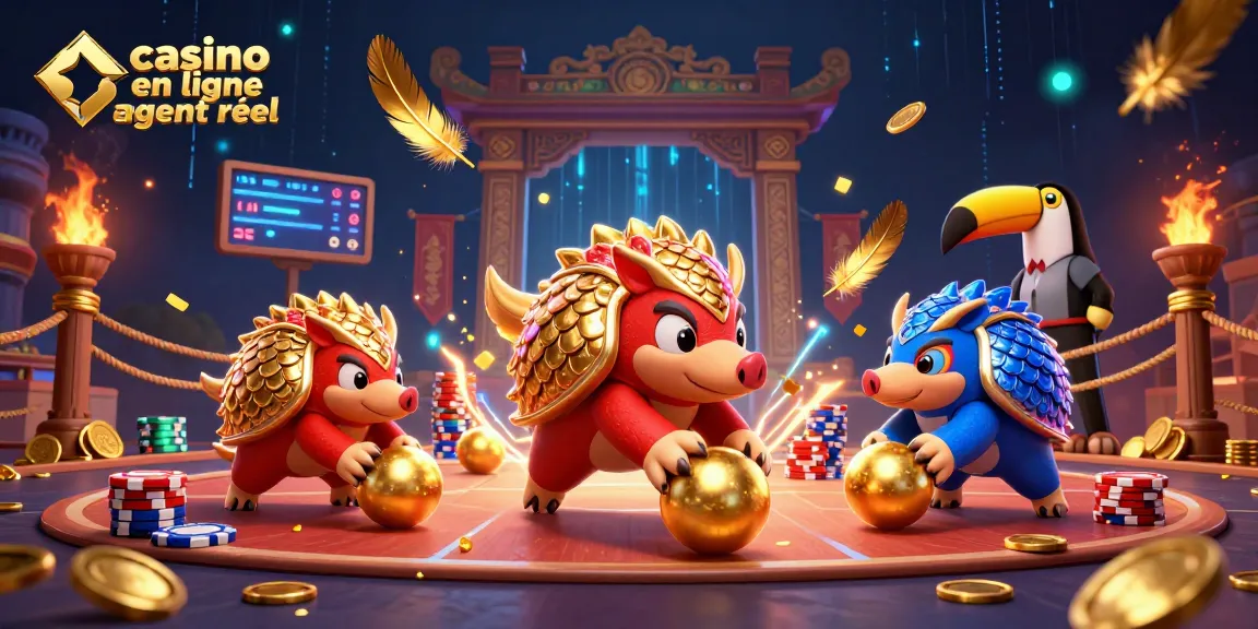 Les pangolins s'affrontent dans un jeu de casino en ligne argent réel, entourés de jetons et de pièces d'or.