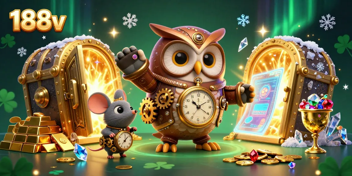 Engage with the vibrant world of 188v, showcasing a time-traveler owl amidst a rich casino scene filled with treasures.