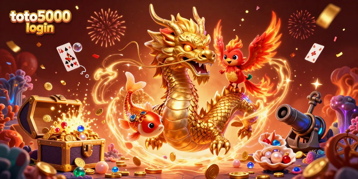 Join the exciting toto5000 login adventure with a dynamic dragon, phoenix, and koi fish in a vibrant casino scene!