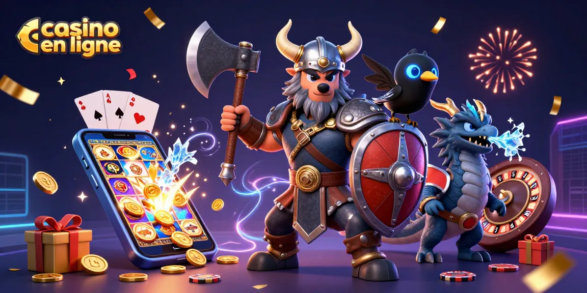 Plongez dans l'univers du casino en ligne avec cette illustration dynamique mettant en scène un héros viking, un dragon et un corbeau.