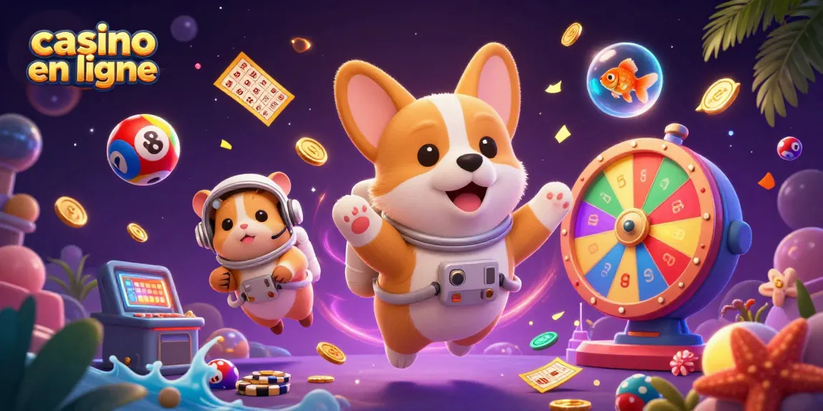 Les joueurs gagnent dans le casino en ligne avec une illustration 3D riche en couleurs de loteries et de jeux.